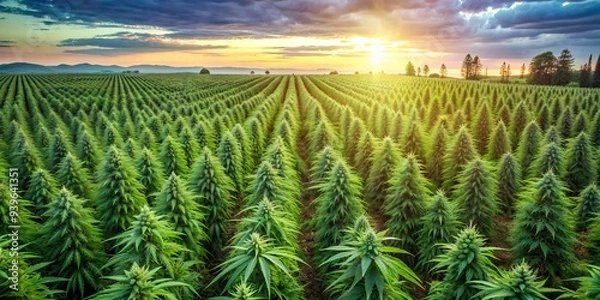 Fototapeta Sunset Over a Field of Green Cannabis, Cannabis Farm, Marijuana Field, Hemp Plantation, Sunset Agriculture