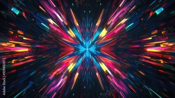 Fototapeta A high-energy abstract starburst pattern with neon colors and sharp lines, creating a futuristic vibe.