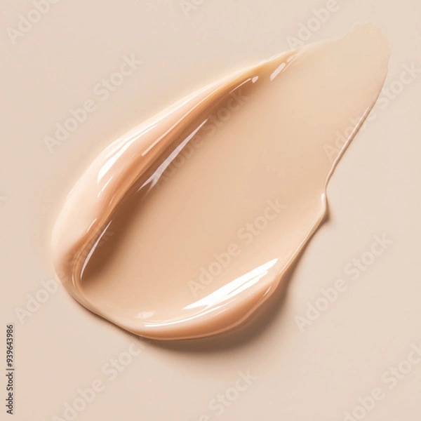 Fototapeta Beige cream smear on a light peach background. Radiant liquid serum or hair conditioner texture.