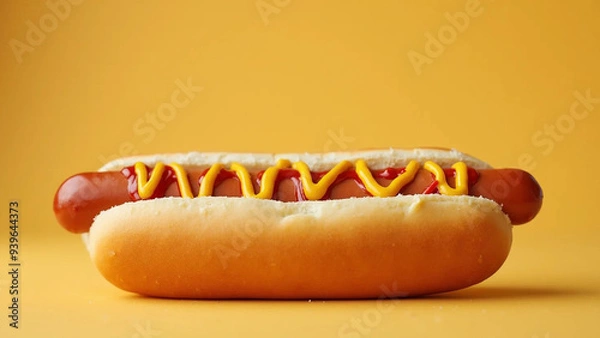 Fototapeta Studio photo of a hot dog with ketchup and mustard, widescreen 16:9, 300 dpi, with free space for text