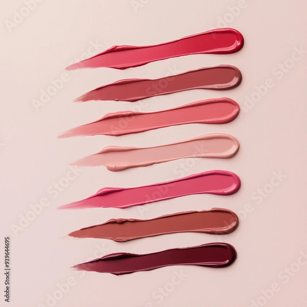 Fototapeta Several swatches of lipstick in varying shades of red and pink on a soft beige background. Smooth creamy lip gloss textures in a gradient of warm tones.
