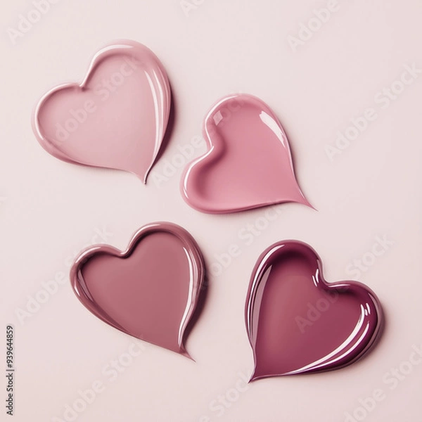 Fototapeta Four heart-shaped swatches of lip gloss in shades of pink and mauve on a soft pink background. Glossy textures with a romantic design.