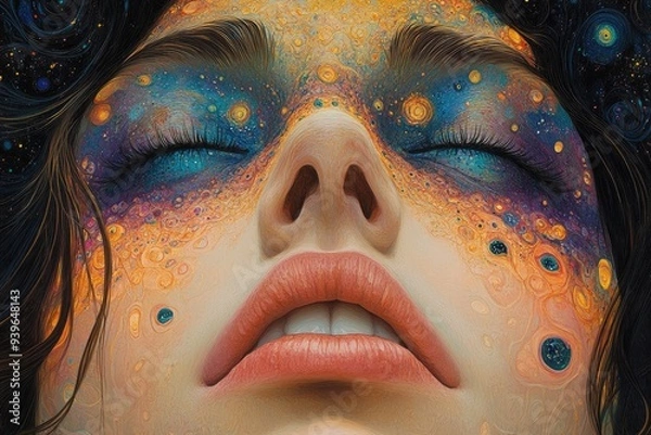 Fototapeta Cosmic Beauty: A woman's face adorned with a galaxy of colors and patterns