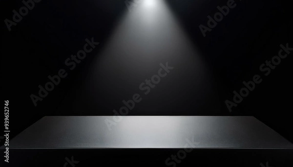 Fototapeta Black table with spotlight. Empty studio on black background. Minimalist mockup podium for showcase. Empty desk illuminated by spotlight, interior room for displaying products	