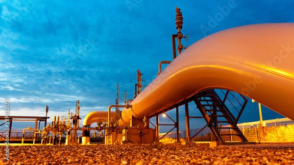 Fototapeta View of the natural gas pipeline exiting the ground to the receiving and starting chamber of the cleaning device, piston, pig