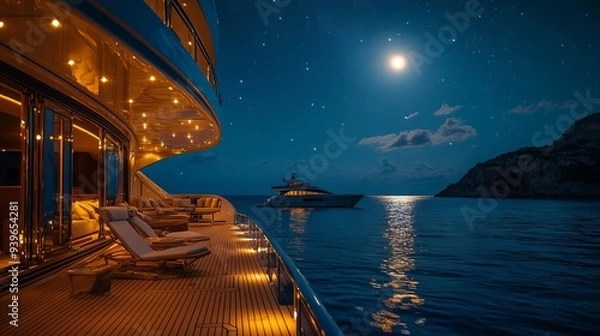 Fototapeta Serene evening on a luxury yacht, illuminated by moonlight over tranquil waters, creating a peaceful and elegant atmosphere.
