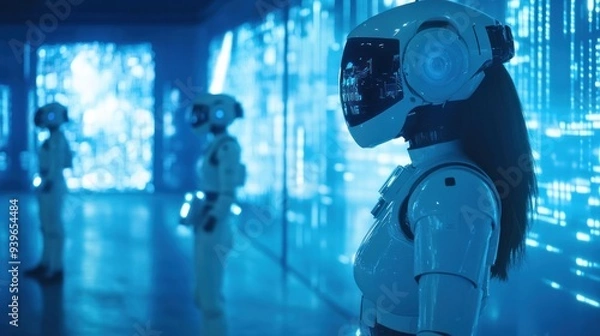 Fototapeta Futuristic Robots in a Blue Lit Room