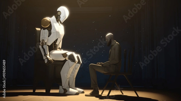 Fototapeta A robot and a man sitting in chairs.. AI Generated