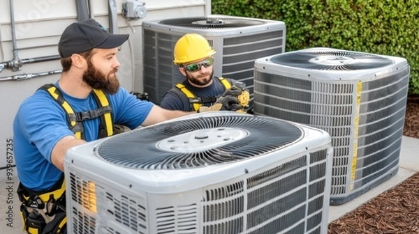 Fototapeta AC Technicians working on air conditioning units
