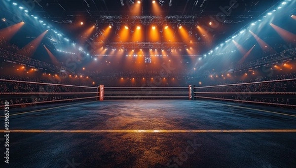 Fototapeta Empty Wrestling Ring In The Stadium With Lights And Crowd