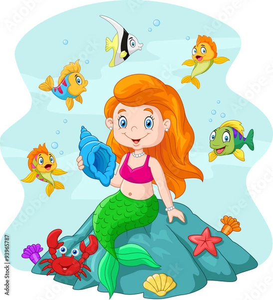 Fototapeta Happy little mermaid holding seashell the rock surrounded by fishes