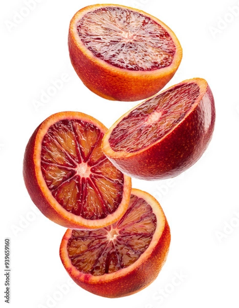 Obraz Slices of Blood Orange Falling Isolated on White.