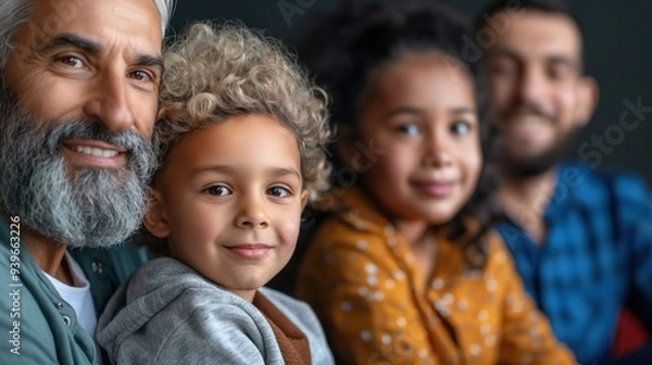 Fototapeta A family gathers in a warm indoor space, smiling together. The image features an elderly man, a young boy with curly hair, and two adults, capturing their close bond and happiness