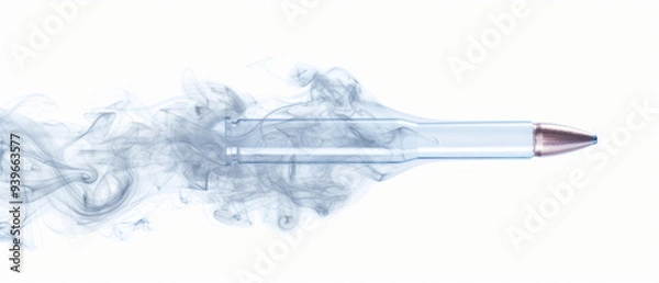 Fototapeta Bullet trace explosion, dynamic smoke cloud, isolated on white backdrop, high-impact visual for creative projects, digital design element for action-themed content