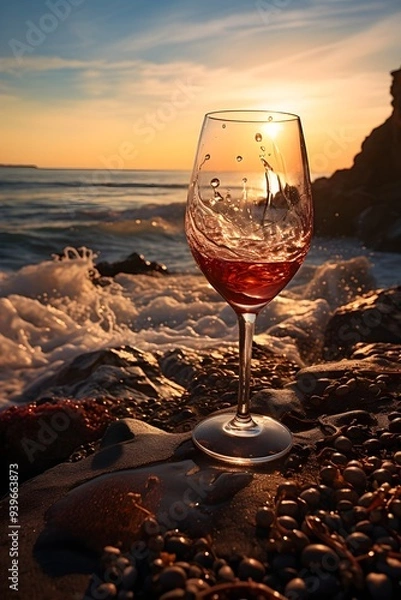 Fototapeta A glass of red wine sits on a sandy beach alongside bunches of grapes, with the ocean waves gently crashing in the background. This scene captures a tranquil and refreshing seaside moment, ideal for u