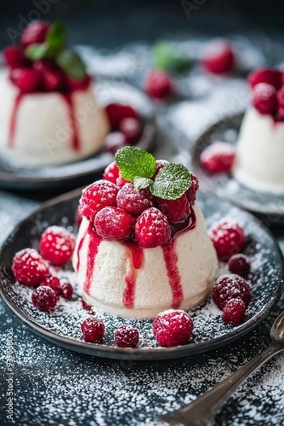 Fototapeta Mini panna cottas topped with fresh raspberries, raspberry sauce, dusted with powdered sugar and garnished with mint leaves.