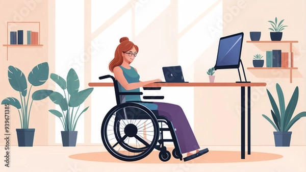 Fototapeta Disabled young woman in wheelchair working on laptop computer at home