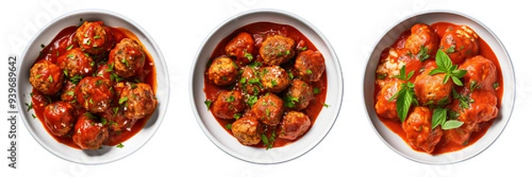 Fototapeta Set of turkey meatballs in marinara sauce isolated on a transparent background