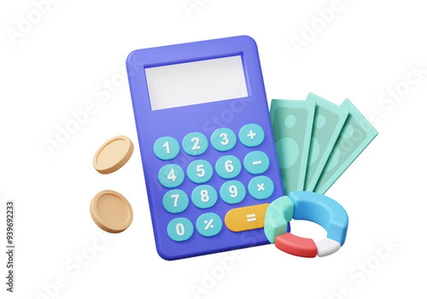 Obraz Calculator financial graph economics analytics grow. income coin banknote money saving fund investment, Cost reduction finance education concept. on isolated background. 3d rendering