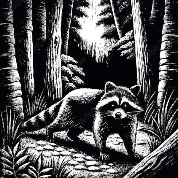 Obraz Raccoon in forest engraved vector