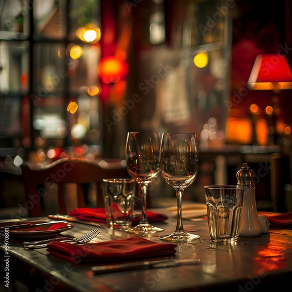 Fototapeta Empty restaurant setting in simple cafe style setting. 