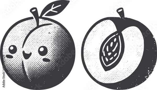 Fototapeta Grunge-Style Peach Smiling Fruit Character with Texture, Rough Hand-Drawn with Grainy Print Effect.