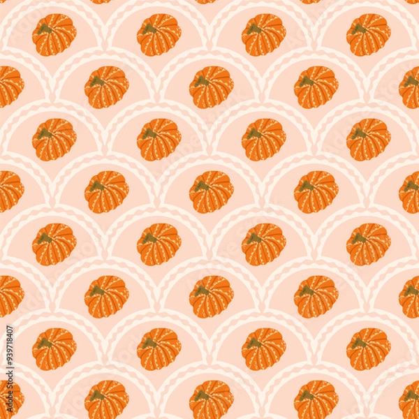 Fototapeta Pumpkins scallop seamless pattern. Stylized ripe vegetable arch repeat background. Autumn retro endless design. Vector hand drawn illustration.