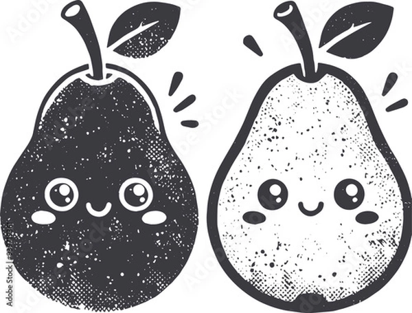 Fototapeta Grunge-Style Pear Smiling Fruit Character with Texture, Rough Hand-Drawn with Grainy Print Effect.