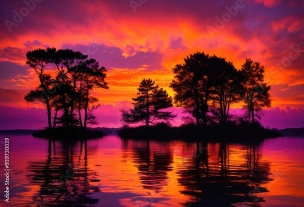 Fototapeta vivid sunset hues reflecting serene water surface creating tranquil colorful natural scene, reflections, nature, sky, clouds, landscape, scenery, orange