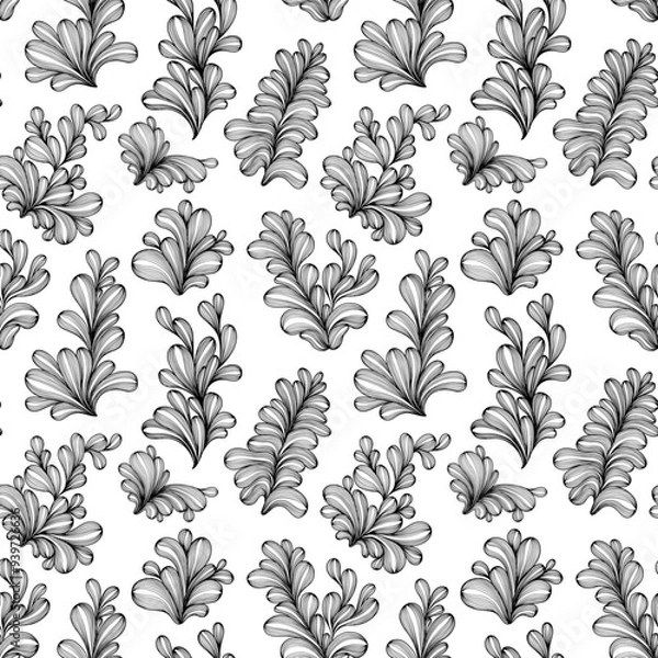 Fototapeta Seamless pattern with abstract leaves. Black and white background. Hand drawn illustration.