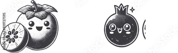 Fototapeta Grunge-Style Persimmon Smiling Fruit Character with Texture, Rough Hand-Drawn with Grainy Print Effect.