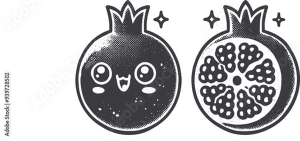 Fototapeta Grunge-Style Pomegranate Smiling Fruit Character with Texture, Rough Hand-Drawn with Grainy Print Effect.