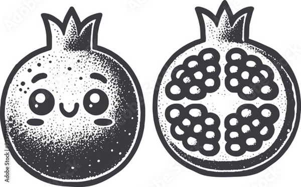 Fototapeta Grunge-Style Pomegranate Smiling Fruit Character with Texture, Rough Hand-Drawn with Grainy Print Effect.