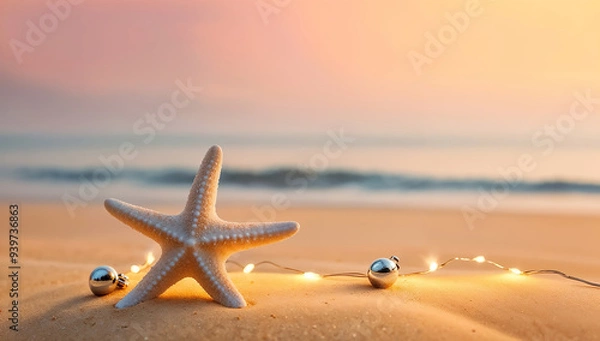 Obraz Starfish and Christmas ornament with string lights on sandy beach at sunset. Coastal holiday theme. Holiday beach vacation concept for Christmas card, invitation, postcard, banner.
