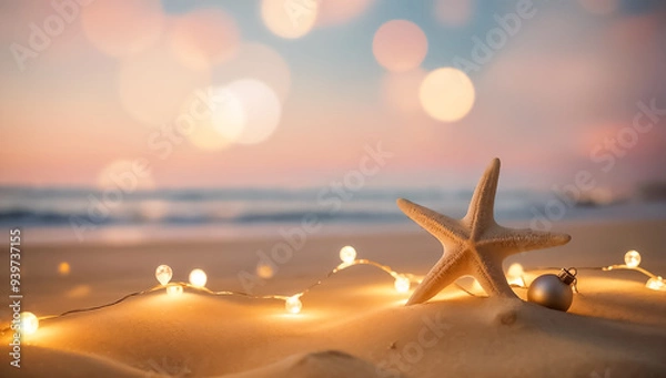 Obraz Starfish and Christmas ornament with string lights on sandy beach at sunset. Coastal holiday theme. Holiday beach vacation concept for Christmas card, invitation, postcard, banner.
