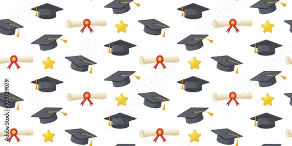 Fototapeta Seamless vector pattern with graduation caps, diplomas with red ribbons and gold stars. Template for use in educational designs, graduation announcements, and celebratory projects.