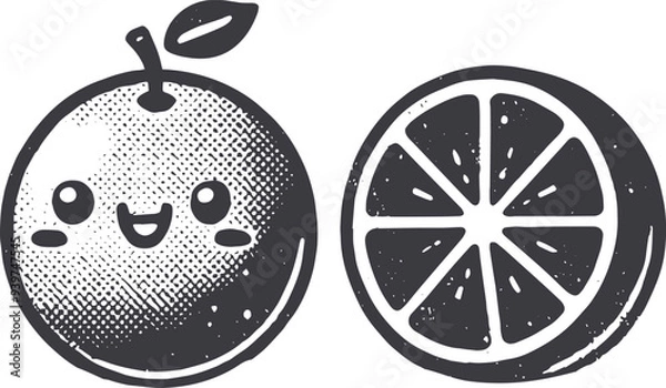 Fototapeta Grunge-Style Grapefruit Smiling Fruit Character with Texture, Rough Hand-Drawn with Grainy Print Effect.