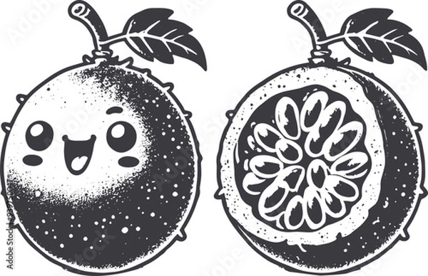 Fototapeta Grunge-Style Passionfruit Smiling Fruit Character with Texture, Rough Hand-Drawn with Grainy Print Effect.