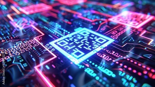 Fototapeta Cyberpunk Circuitry with Glowing QR Code