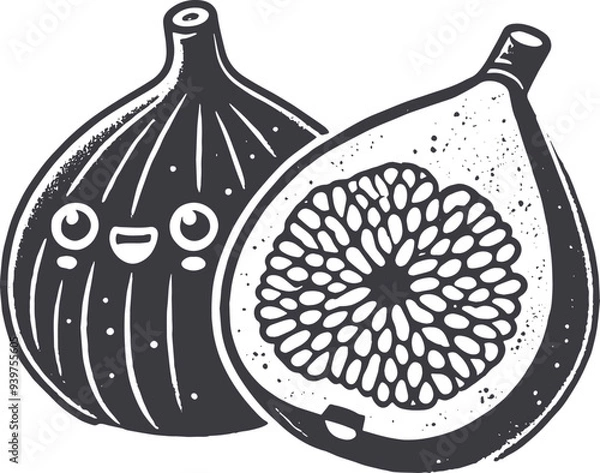 Fototapeta Grunge-Style Fig Smiling Fruit Character with Texture, Rough Hand-Drawn with Grainy Print Effect.