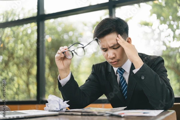 Fototapeta Asian Businessman being depressed by working on the laptop computer in office.Strain,Young business man to think and not Work with stress Pretending to put his hand to the head