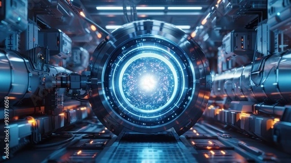 Fototapeta A futuristic nuclear fusion reactor in a secure high-tech facility, featuring advanced fusion technology and bright artificial lighting, incredibly detailed and intricate.
