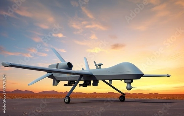 Fototapeta General Atomics MQ-9 Reaper drone flying above desert.