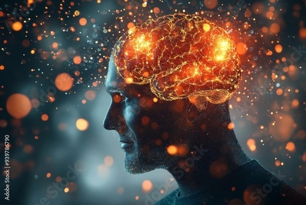 Fototapeta Profile of a woman with glowing red neural patterns symbolizing the power of human thought and the intensity of creativity in a dynamic modern environment