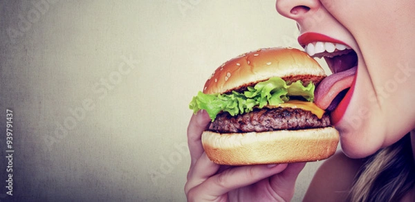 Fototapeta A woman with bright red lipstick preparing to bite into a cheeseburger.