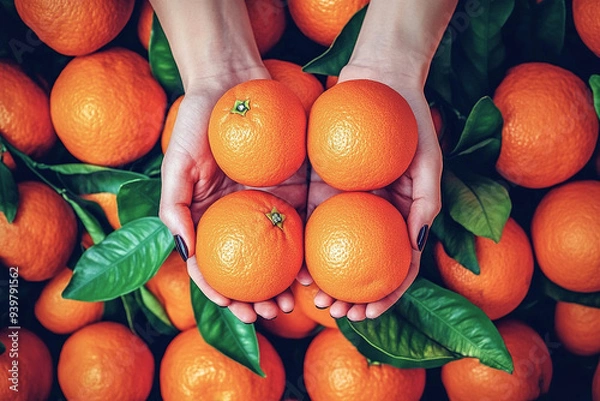 Fototapeta A person holds four vibrant oranges with leaves attached.