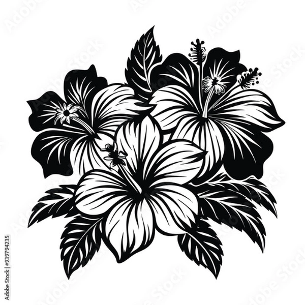 Fototapeta Tropical Hibiscus Flower Silhouette Vector, Elegant Floral Clipart for Graphic Design, Black and White Floral Icon, Perfect for Branding, Invitations, Patterns, and Tropical Themes