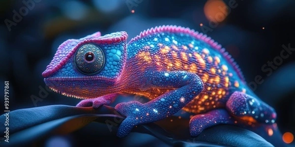 Fototapeta Glowing Chameleon in a Dark Forest