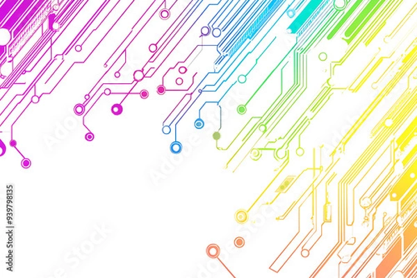 Fototapeta Bright abstract background featuring colorful circuit board lines and dots, symbolizing technology and digital connectivity.
