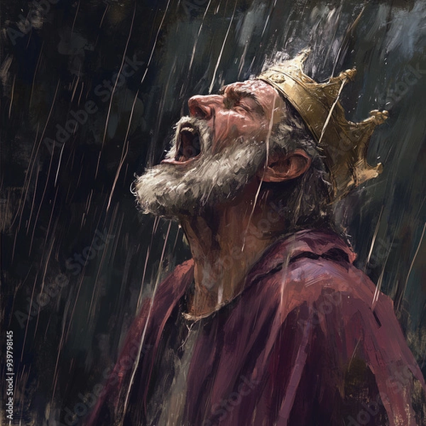 Fototapeta An intense portrayal of King Lear, drenched in rain, screaming at the stormy sky, capturing the depth of his madness and despair from Shakespeare’s tragedy.
